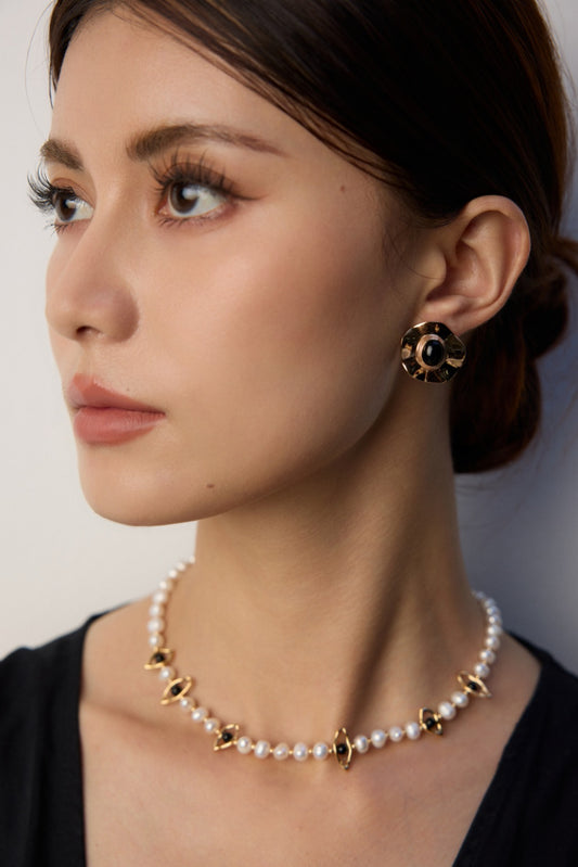 S925 Silver Necklace with Natural Pearls and Black Agate