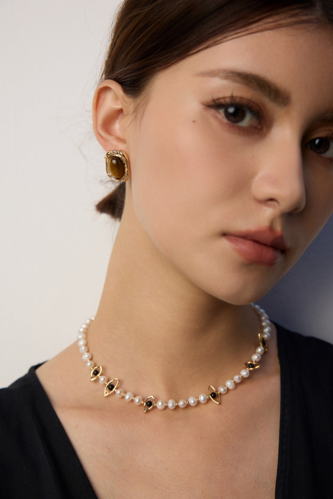 S925 Silver Necklace with Natural Pearls and Black Agate