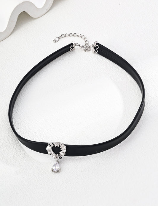 S925 Silver Minimalist Green Velvet Ribbon / Black PU Leather Zircon Necklace