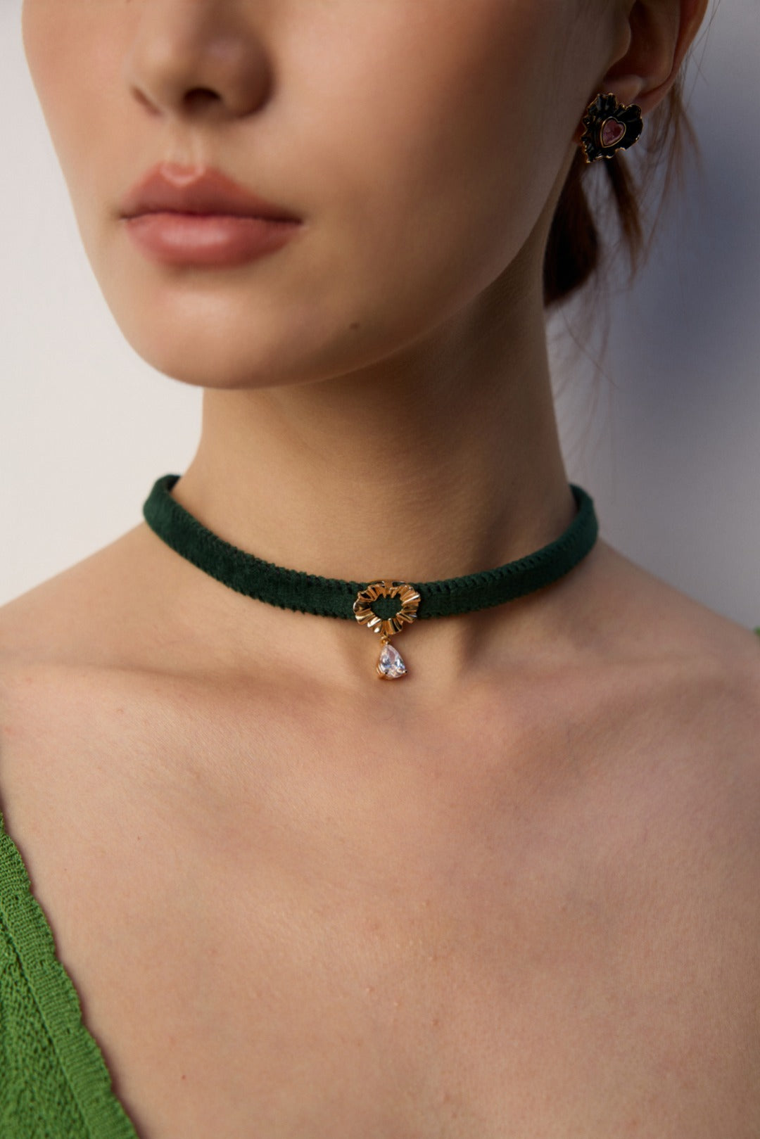 S925 Silver Minimalist Green Velvet Ribbon / Black PU Leather Zircon Necklace