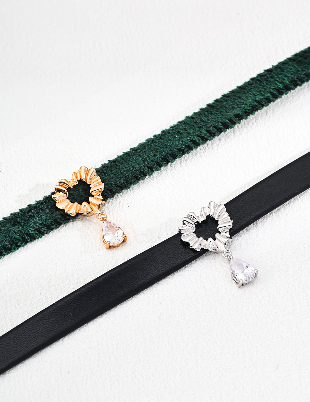 S925 Silver Minimalist Green Velvet Ribbon / Black PU Leather Zircon Necklace