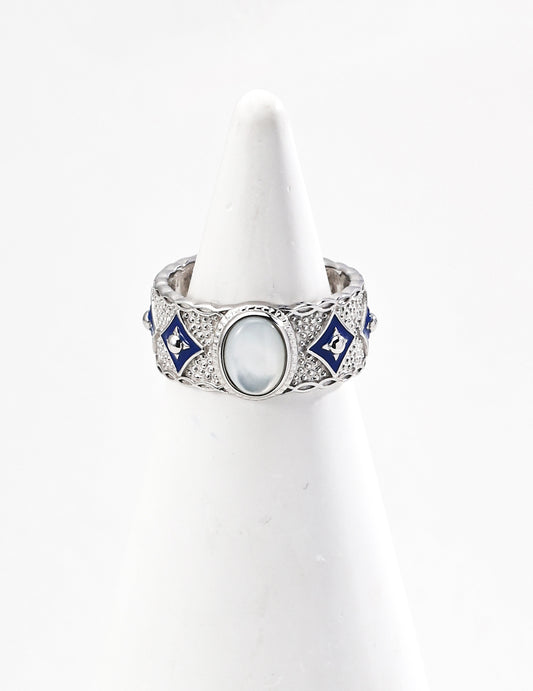 S925 Silver Ring with Retro Design, Featuring Blue Enamel, Lapis Lazuli and/or Mother of Pearl