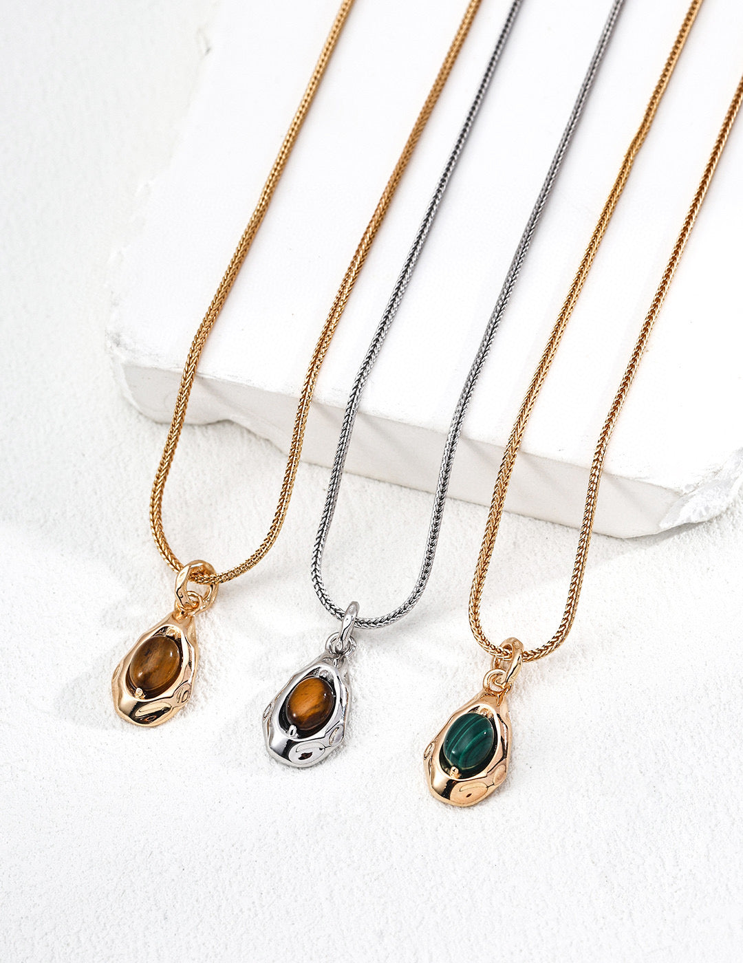 S925 Silver Natural Tiger's Eye Stone and Malachite Pendant Necklace