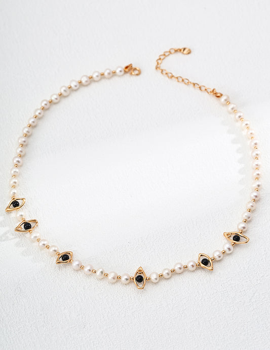 S925 Silver Necklace with Natural Pearls and Black Agate