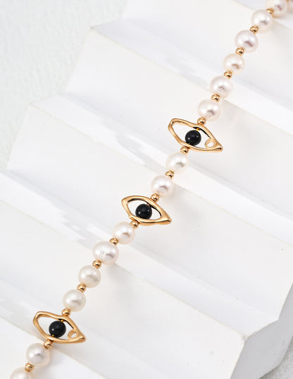 S925 Silver Necklace with Natural Pearls and Black Agate