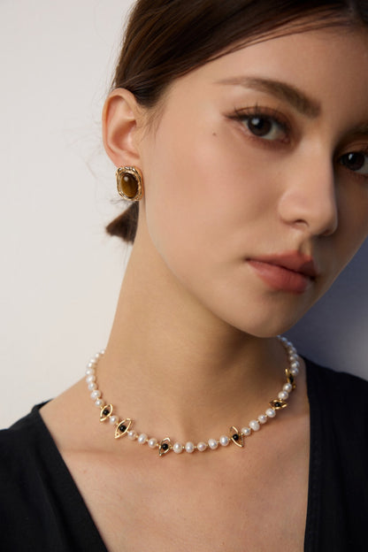 S925 Silver Necklace with Natural Pearls and Black Agate