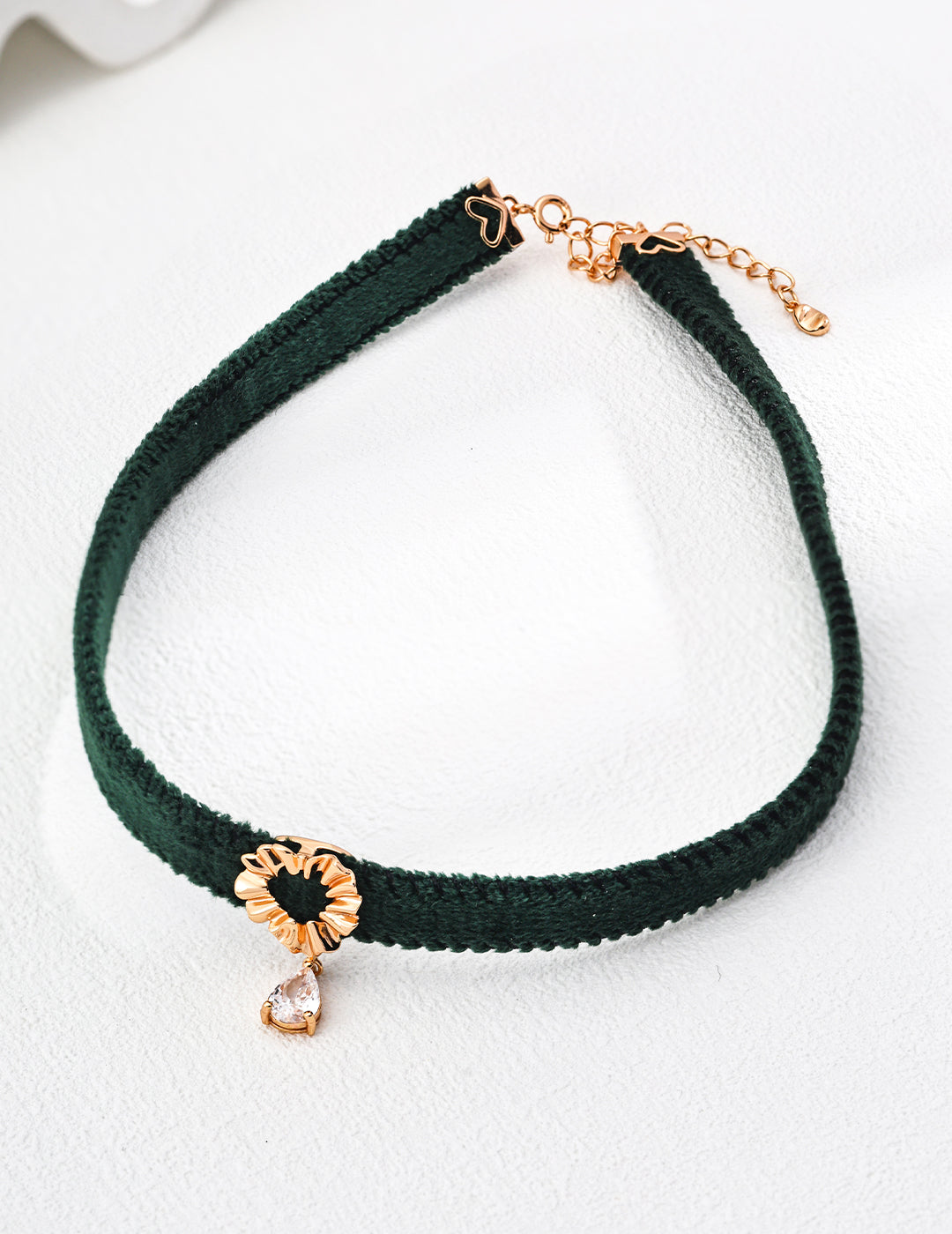 S925 Silver Minimalist Green Velvet Ribbon / Black PU Leather Zircon Necklace