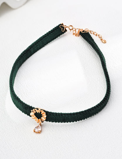 S925 Silver Minimalist Green Velvet Ribbon / Black PU Leather Zircon Necklace