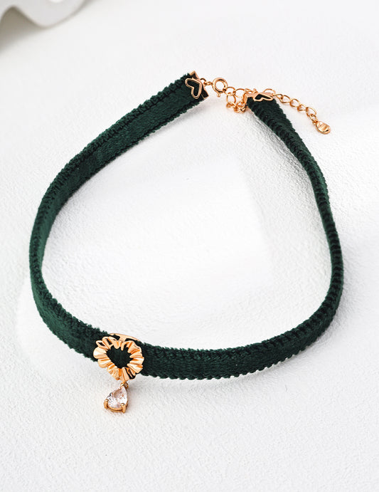 S925 Silver Minimalist Green Velvet Ribbon / Black PU Leather Zircon Necklace