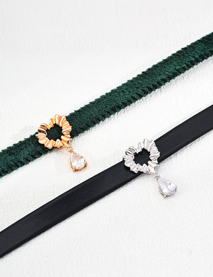 S925 Silver Minimalist Green Velvet Ribbon / Black PU Leather Zircon Necklace