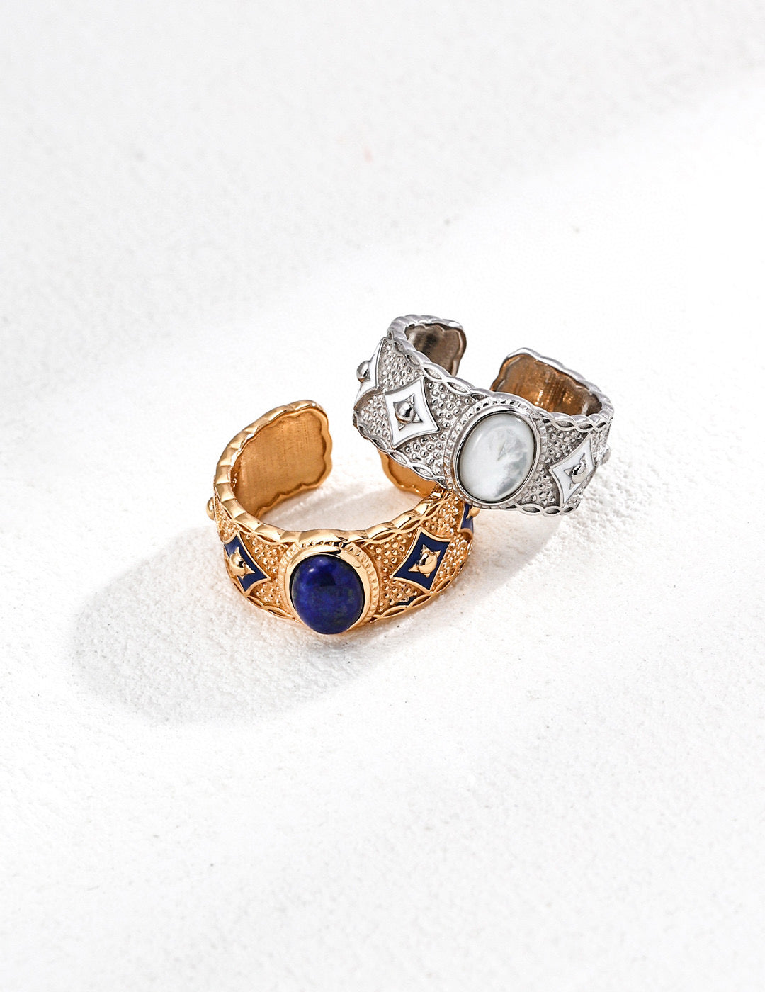 S925 Silver Ring with Retro Design, Featuring Blue Enamel, Lapis Lazuli and/or Mother of Pearl