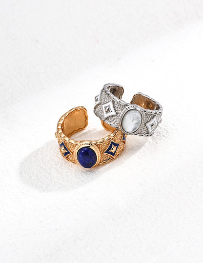 S925 Silver Ring with Retro Design, Featuring Blue Enamel, Lapis Lazuli and/or Mother of Pearl